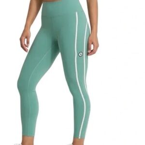 Vuori High-Rise Sage Green Leggings with White Side Stripe